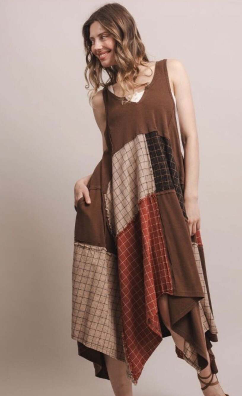Blue Velvet Patchwork Asymmetrical Dress Mocha Size S/M